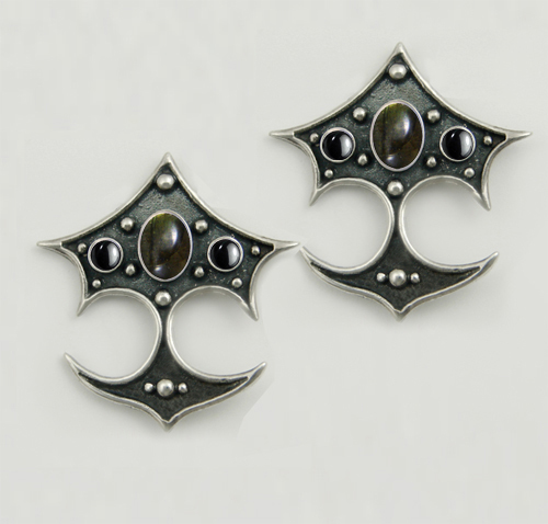 Sterling Silver Gothic Drop Dangle Earrings With Spectrolite And Hematite